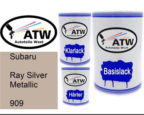 Subaru, Ray Silver Metallic, 909: 500ml Lackdose + 500ml Klarlack + 250ml Härter - Set, von ATW Autoteile West.